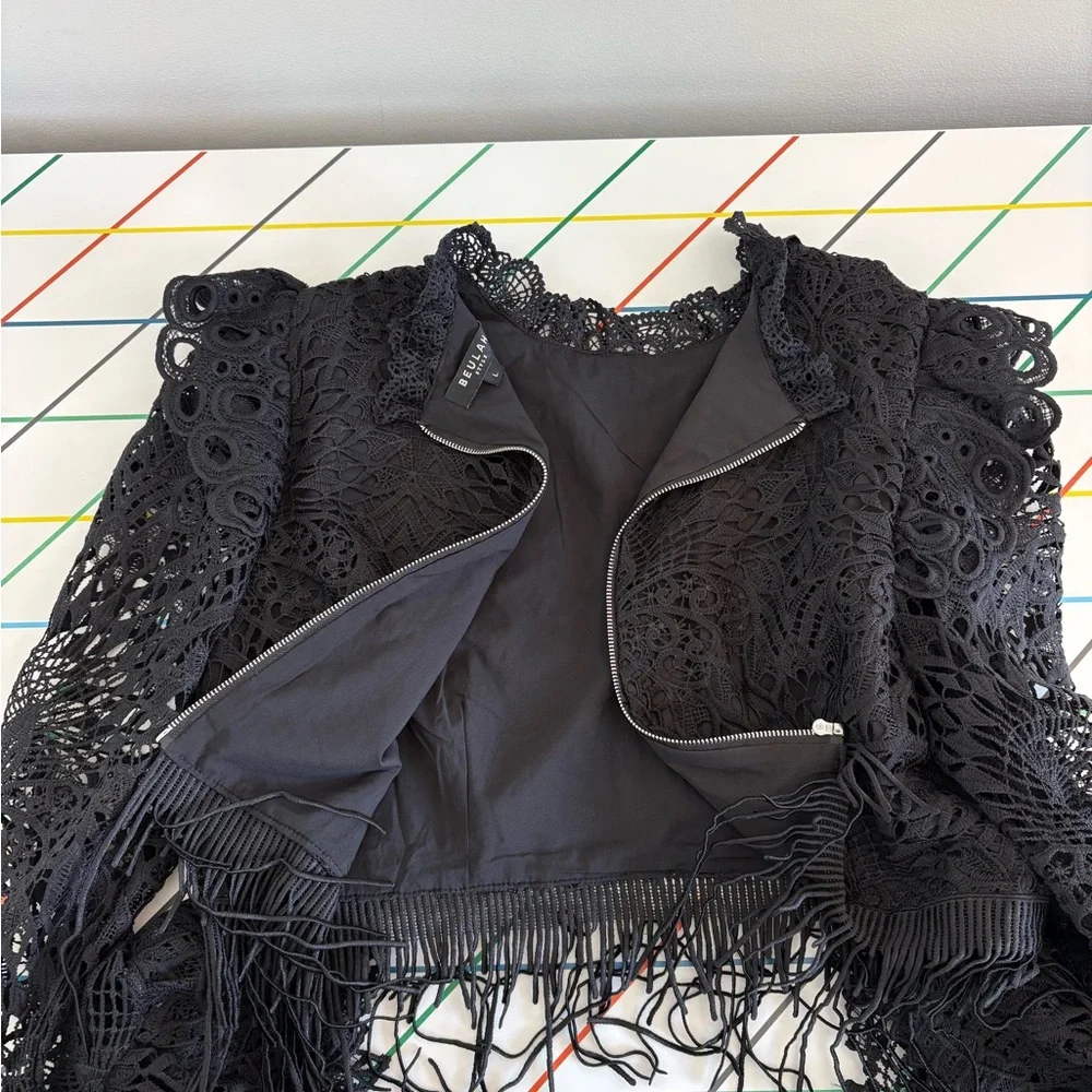 Beulah Black Crochet Fringe Long Sleeve Blouse size 6 zipper back boho festival - Picture 7 of 13